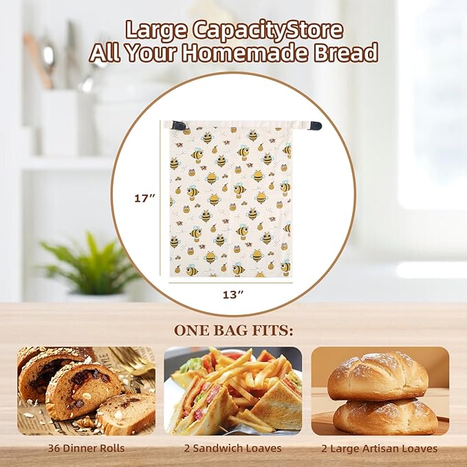 Sourdough Bread Bags, Reusable Beeswax Bread Bags for Homemade Bread, 17"×13" Natural Beeswax Cotton Loaf Bag, Easy to Clean Bakery Essentials (2 Pack)