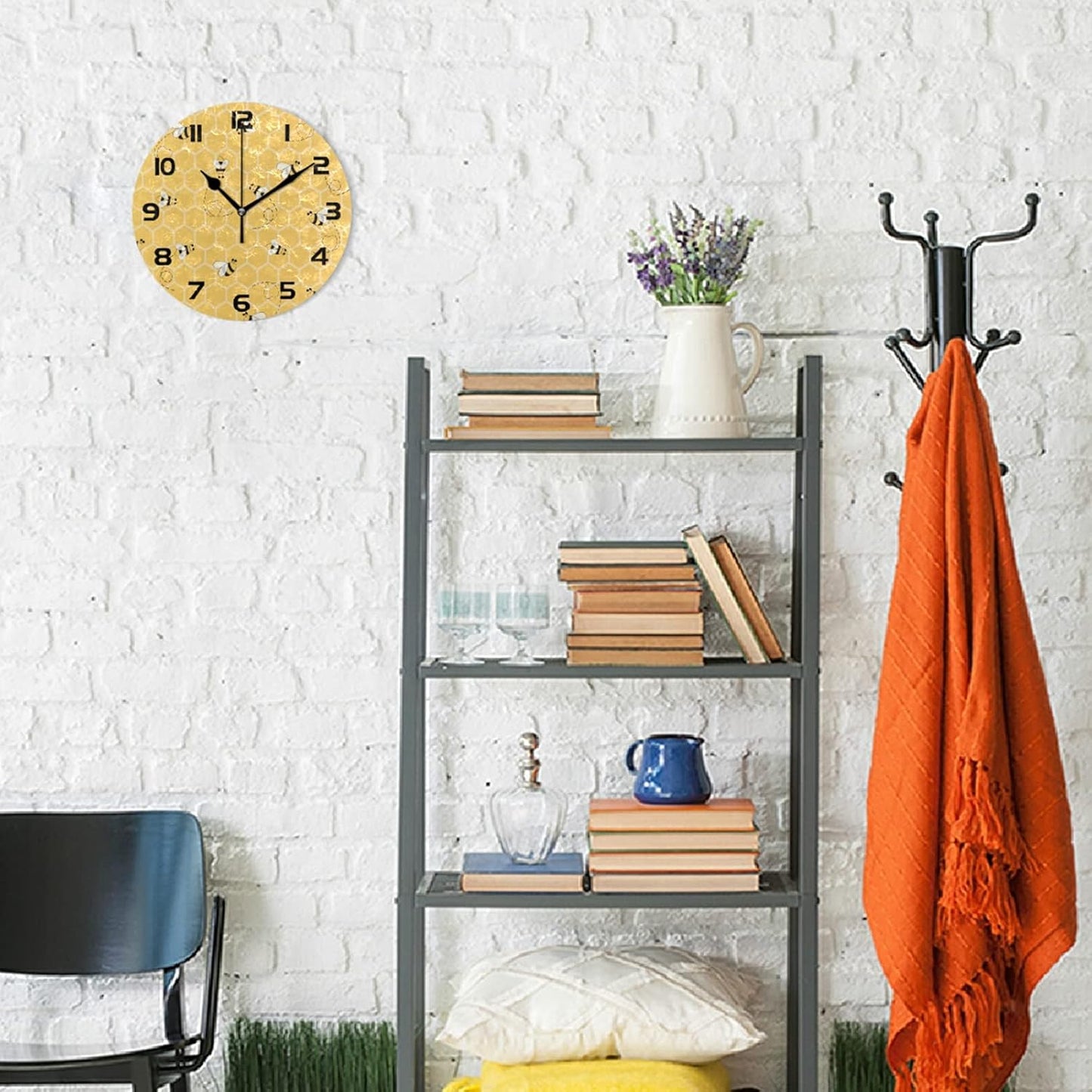 Animal Bee Honeycomb Wall Clock Silent Non-Ticking,Yellow Honeybee 9.5 Inch Round Wall Clock Battery Operated Bee Clock Decor for Home Wall Bathroom Kitchen Bedroom Living Room Office Classroom Patio
