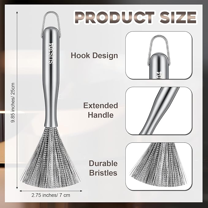 4 Pcs Stainless Steel Dish Brush with Handle Heavy Duty Kitchen Scrub Brush for Dishes Pots and Pans 304 Stainless Steel Long Handle Washing Brushes Metal Scrubber for Dishwashing Cleaning