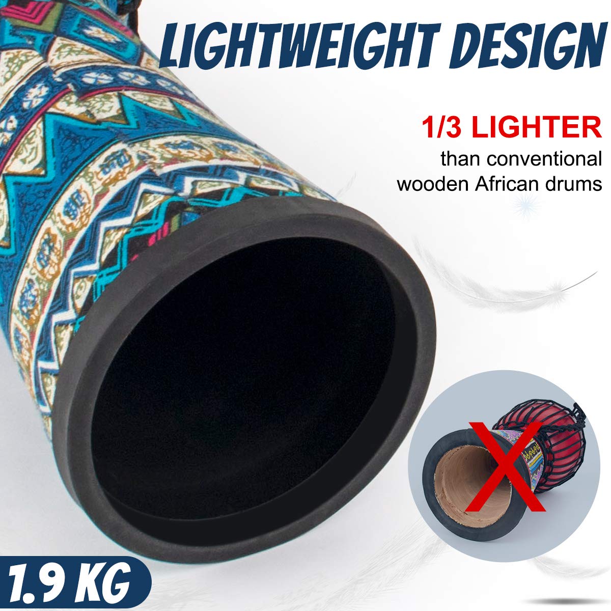 Djembe Drum, Aklot African Drum Cloth Stitching 11 X 20 Abs Resin Lightweight Goatskin Drumhead For Starter Beginners(Blue F