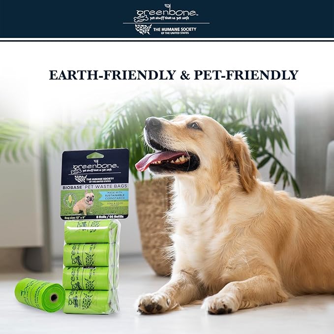 The Humane Society by Greenbone Biobase Pet Poop Bags - 8 Rolls - 96 Refills - Made with Corn Starch - Leak Proof 13 Inch x 9 Inch