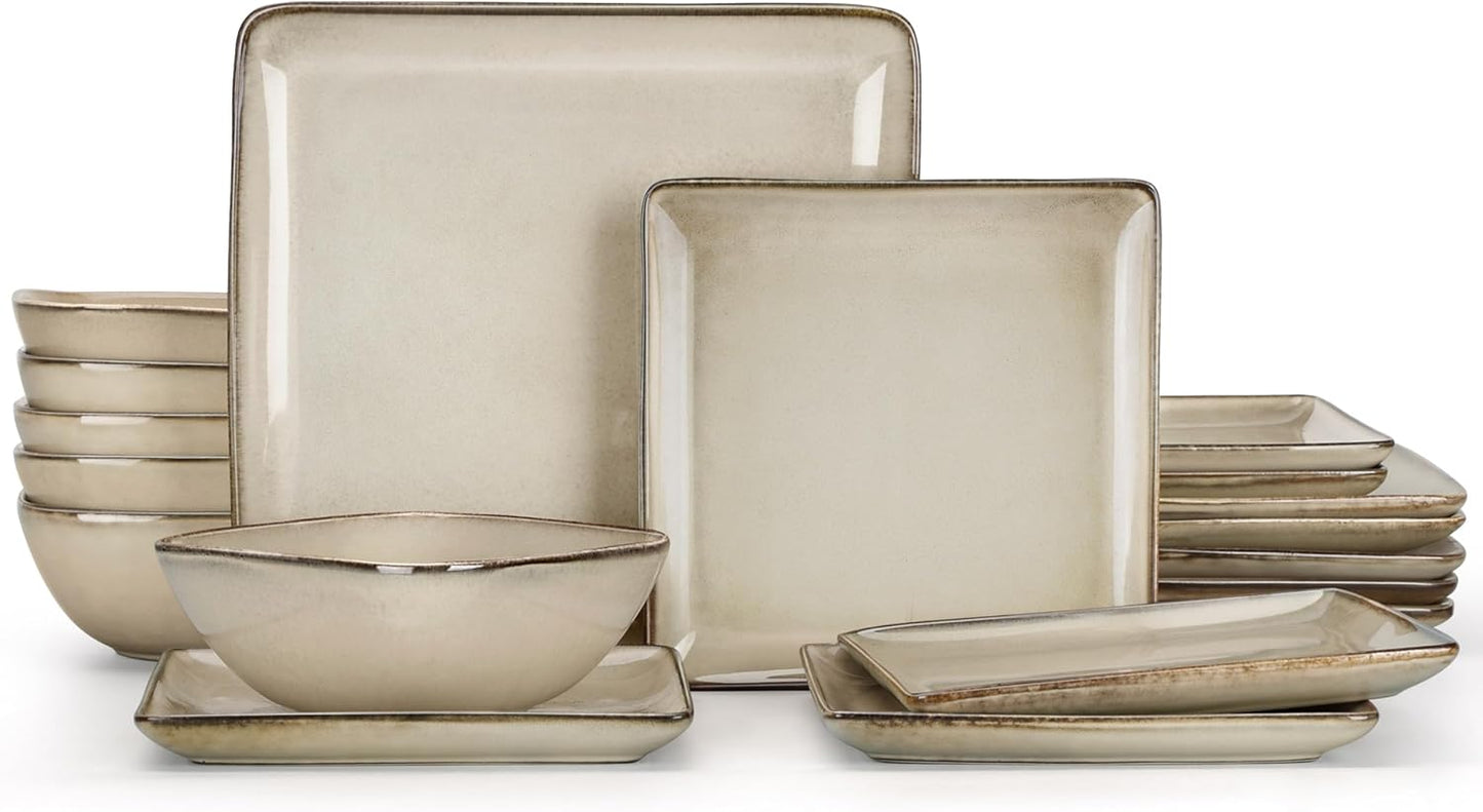 E-far Square plates and bowls Sets for 6, 18-Piece Reactive Glaze Stoneware Dinnerware Sets, Porcelain Dishware Sets for Kitchen Home, Microwave & Dishwasher Safe, Sandy Beige