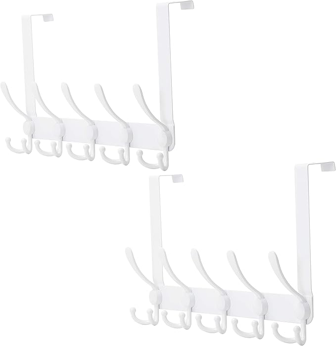 Dseap Over The Door Hook Hanger - 5 Tri Hooks, Heavy Duty Over The Door Towel Rack Coat Rack for Clothes Hat Towel, White, 2 Packs
