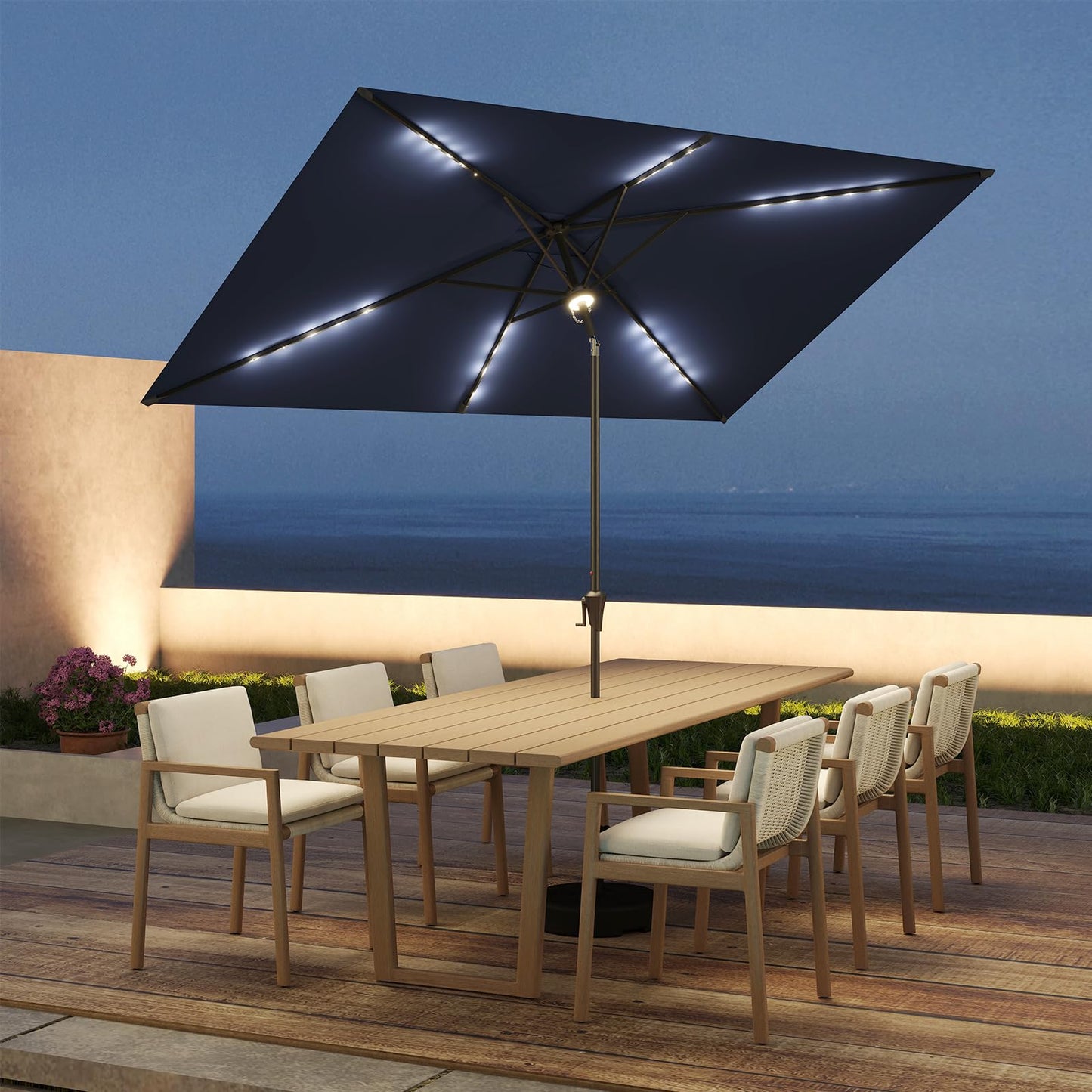 C-Hopetree 6.5 x 10 ft Rectangular Outdoor Patio Market Table Umbrella with Solar LED Lights, Navy Blue