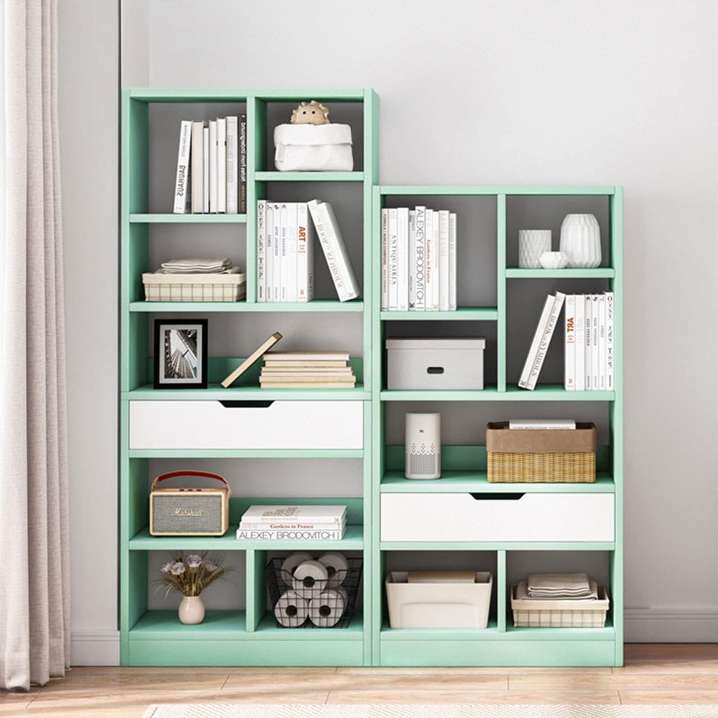 IOTXY Wooden Open Shelf Bookcase - 61 Inches Height Freestanding Display Storage Cabinet Organizer with 8 Cubes and a Drawer, Floor Standing Bookshelf in Tiffany-Green