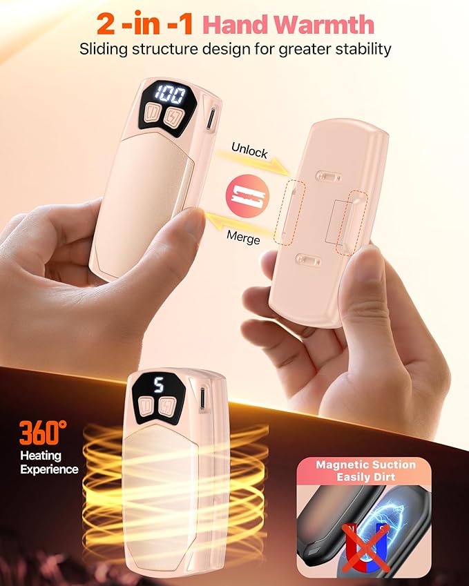 Kesguar Hand Warmers Rechargeable 2 Pack - 6000mAh Electric AI Handwarmers, LED Display & 5-Level Heating, 20Hrs Long Lasting, 2-in-1 Portable Heater, Gifts for Men/Women/Golf/Hunting