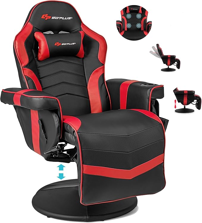 POWERSTONE Gaming Recliner, Adjustable Massage Gaming Chair with Cup Holder Footrest Ergonomic Single Sofa Living Room Home Theater Seating with Side Pouch (Red)