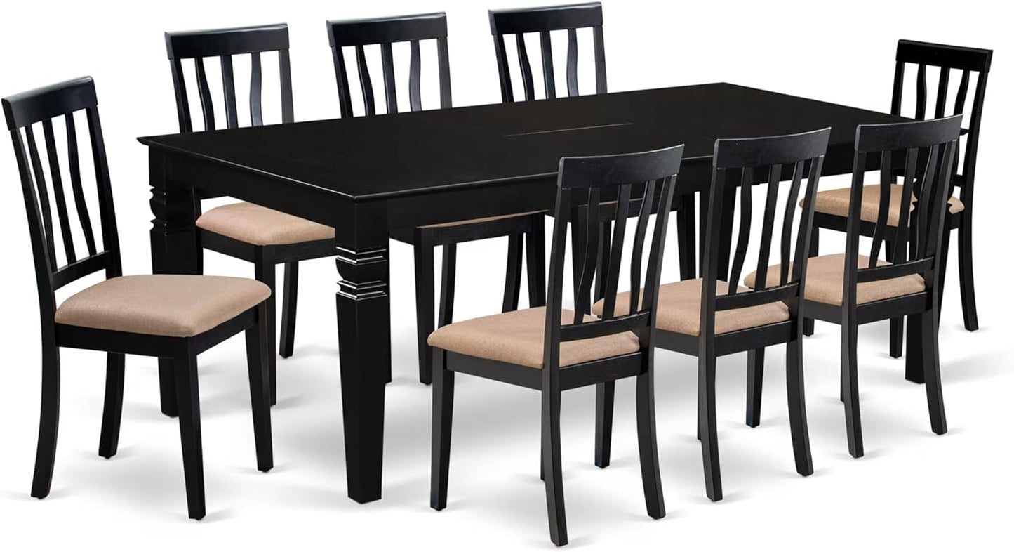 East West Furniture LGAN9-BLK-C 9 Piece Dining Room Table Set Includes a Rectangle Kitchen Table with Butterfly Leaf and 8 Linen Fabric Upholstered Dining Chairs, 42x84 Inch, Black