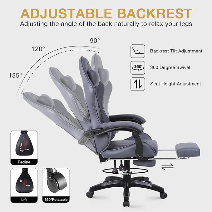 High-Back PC Gaming Chair Office Chair, Desk Task Chair Computer Racing Chair, PU Ergonomic Executive Swivel Rolling Chair with Lumbar Support for Women, Men (Grey)
