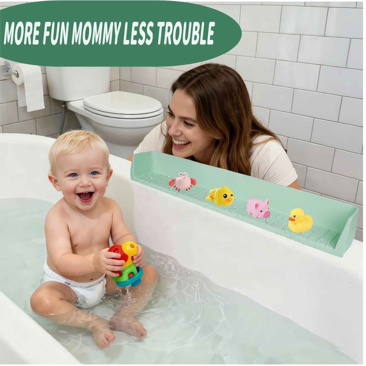 Bathtub Splash Guard for tub Kids& Bath Shelf for Kids – Toddler Bath Tray, Bath Toys Storage & Ledge Organizer – Splash Guard for Bathtub with Suction Cups – Kids Bathroom Accessories(2.6FT, Green)