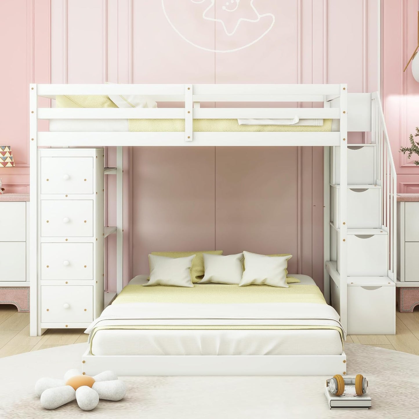 Twin Over Full Bunk Bed with 3-Layer Shelves,Wood L-Shape High Loftbed Frame W/ 4 Drawers & Storage Stairs,No Box Spring Required,Slats Support,for Kids Teens Adults,White