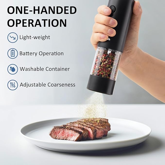 Automatic Salt and Pepper Grinder Set, Battery Operated (Not Included), Adjustable Coarseness with LED Light, ELectric Pepper and Salt Shakers Refillable, 95ml Large Capacity(2 Packs, Black)