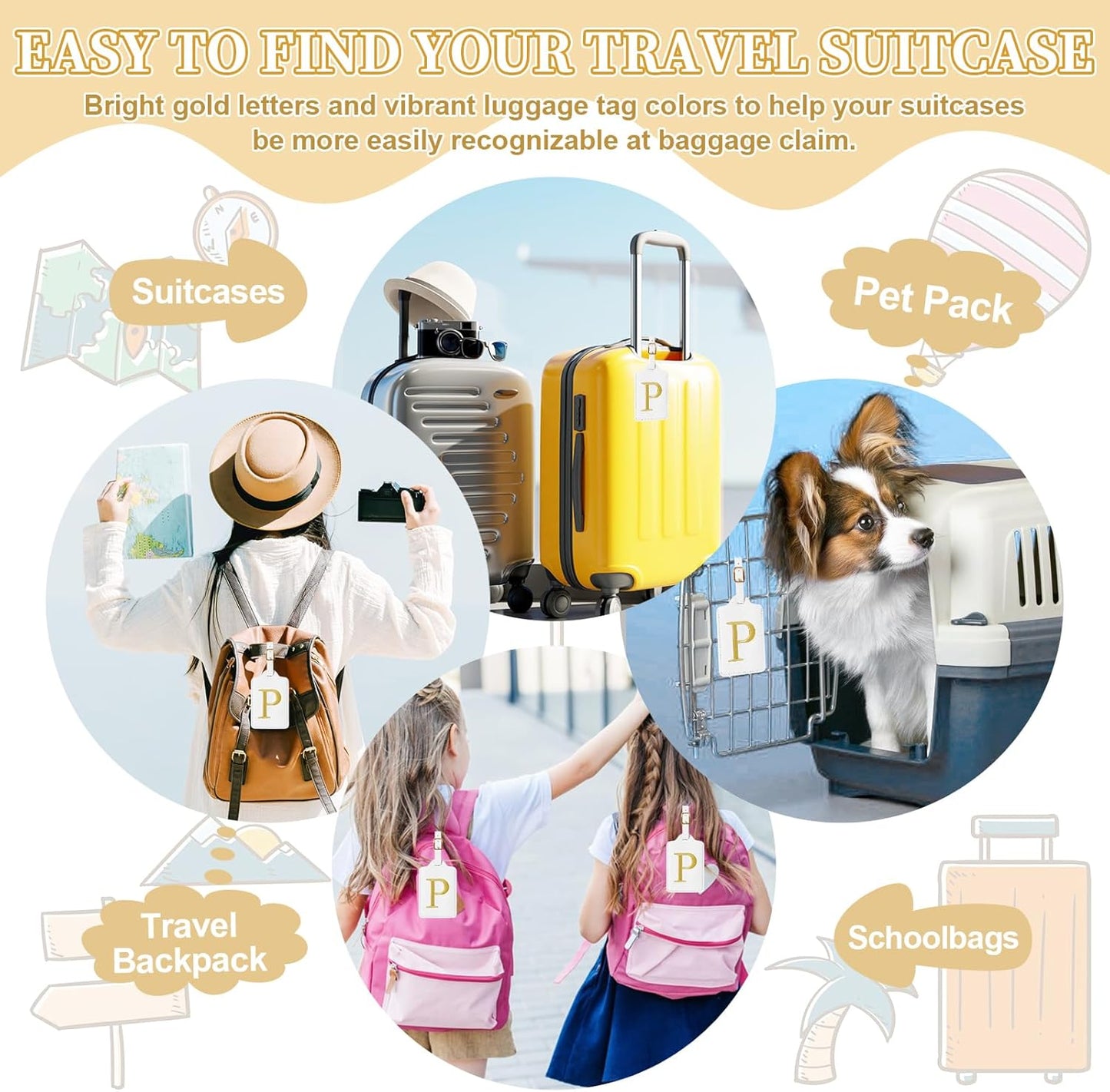 Personalized Initial Luggage Tags for Suitcase TSA Approved, White Leather Cute Luggage Tag with Privacy Cover Name Card, Embroidered Custom Luggage Tags Travel Baggage Tags Gifts for Women Kids(P)
