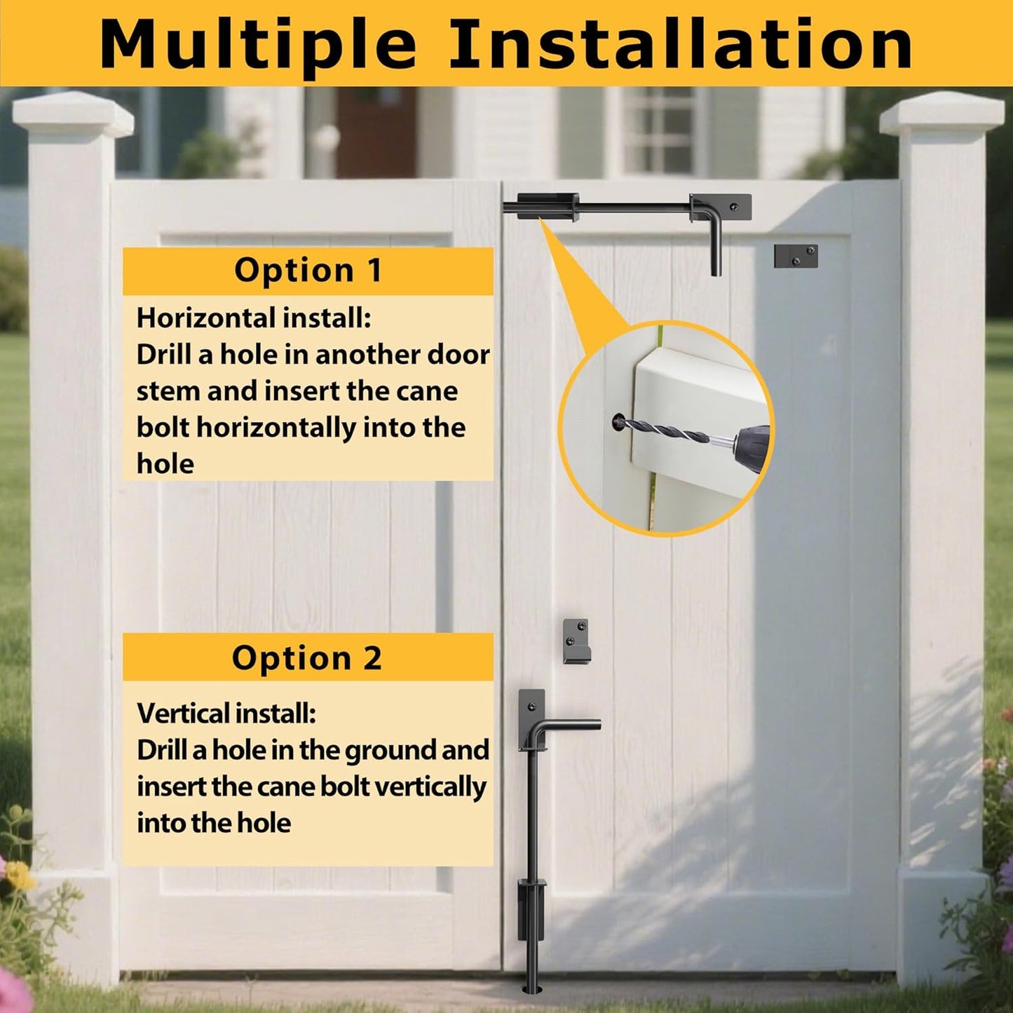 12" Heavy Duty Cane Bolts for Gates with Upgraded Square Hardware Gate Drop Rod with Black Finish for Wood PVC Vinyl Fences Gates, Double Doors-2 Pack