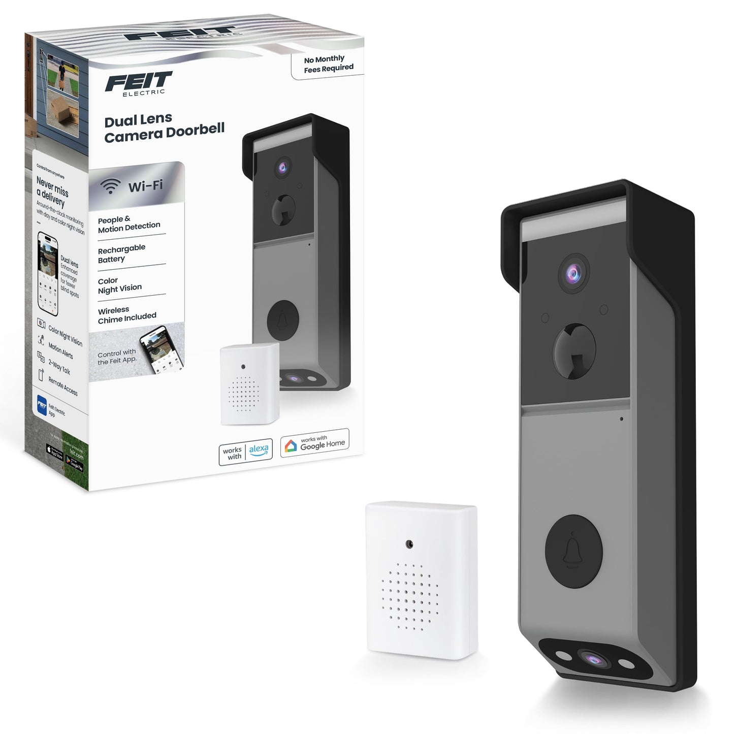 Feit Electric Smart Wireless Doorbell W/Dual-Lens 1080P Hd Camera, 24/7 Local Recording, Night Vision, Voice Assistant, Ai Detec