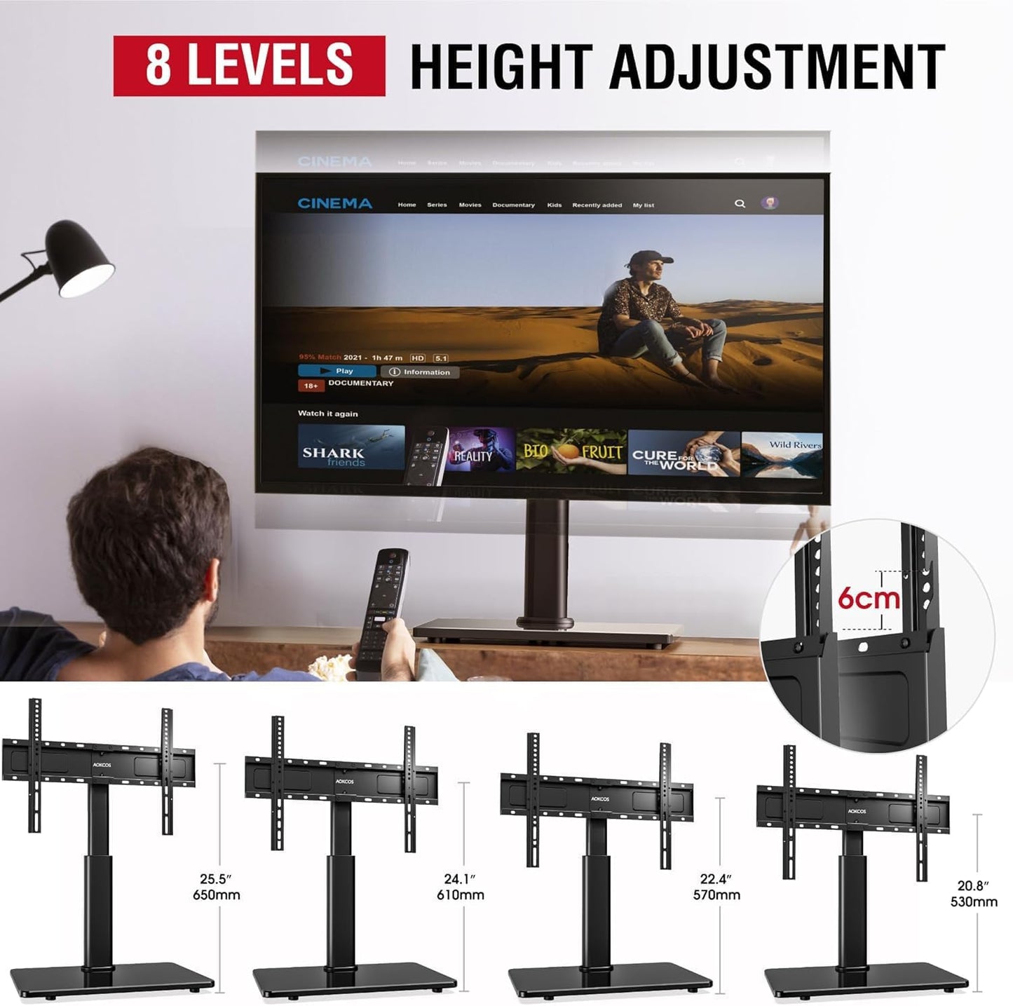 Swivel Universal TV Stand for 32-75 inch TVs with Tilt Down/Up, 8 Levels Height Adjustable Table Top TV Mount Stand with Stable Heavy Duty Tempered Glass Base, MAX VESA 600x400 mm, up to 99lbs, Black