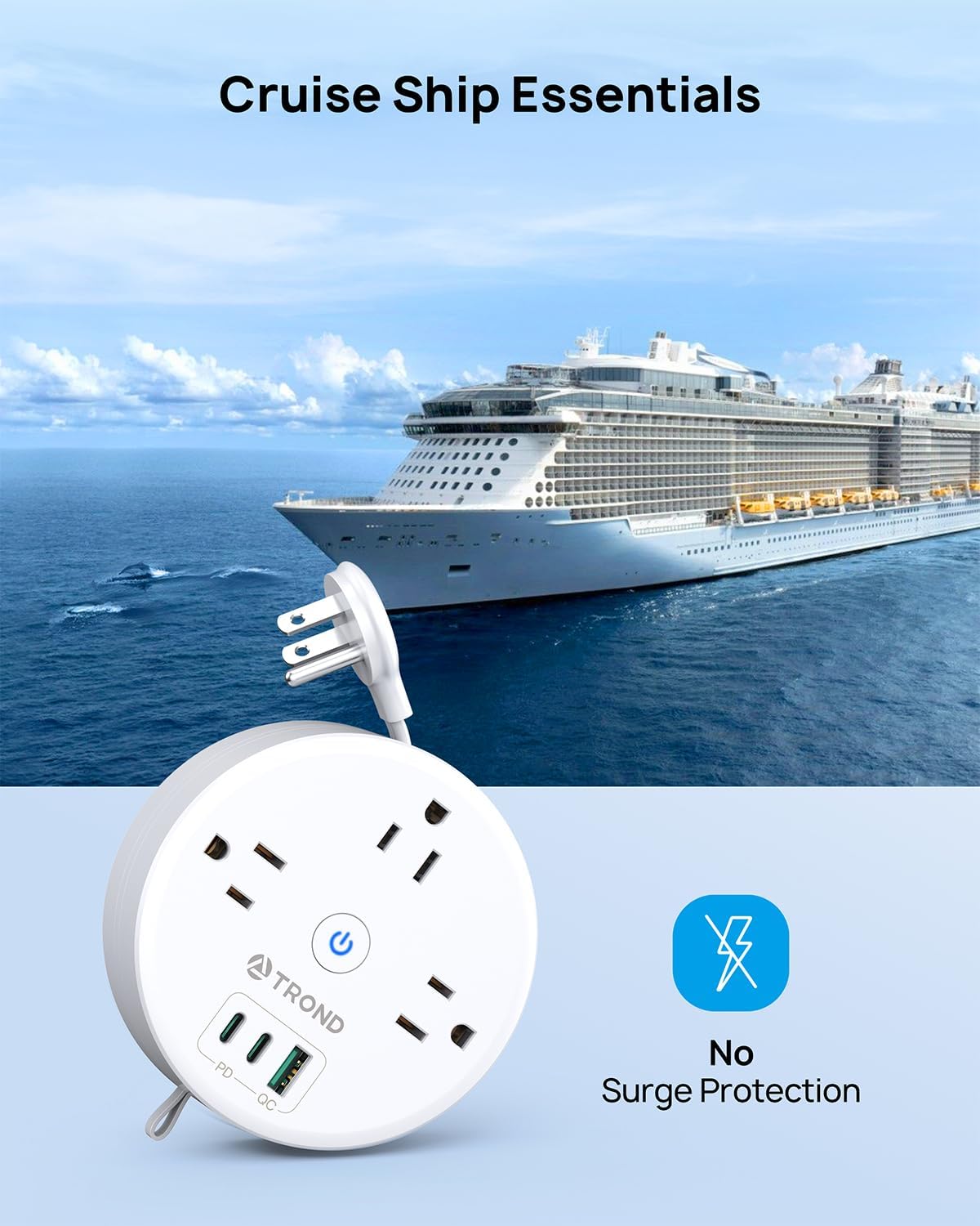 TROND 20W USB C Travel Power Strip - Retractable Extension Cord 5ft Ultra Thin Flat Plug, Power Strip with 3 AC Outlets and USB C Fast Charging, Cruise Ship Essentials, for Home Hotel Dorm Room, White