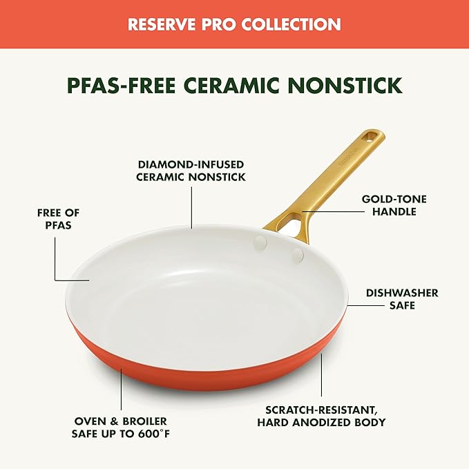 GreenPan Nonstick Reserve Pro 8" Frying Pan, NSF Certified Ceramic, Hard Anodized PFAS-Free Skillet, Stainless Steel Handles, Oven & Dishwasher Safe, Harvest Orange