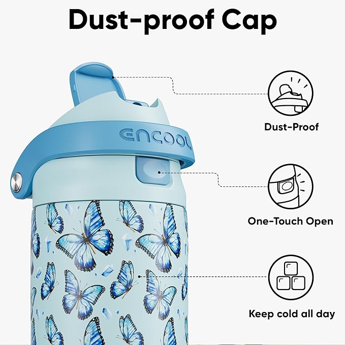 ENCOOL Leakproof Insulated Water Bottle with Straw Dual-Sip Water Bottle Bag-Safe Design for Work, Commute & Gym – Keeps Drinks Cold All Day, 24 oz, Glacier Butterfly