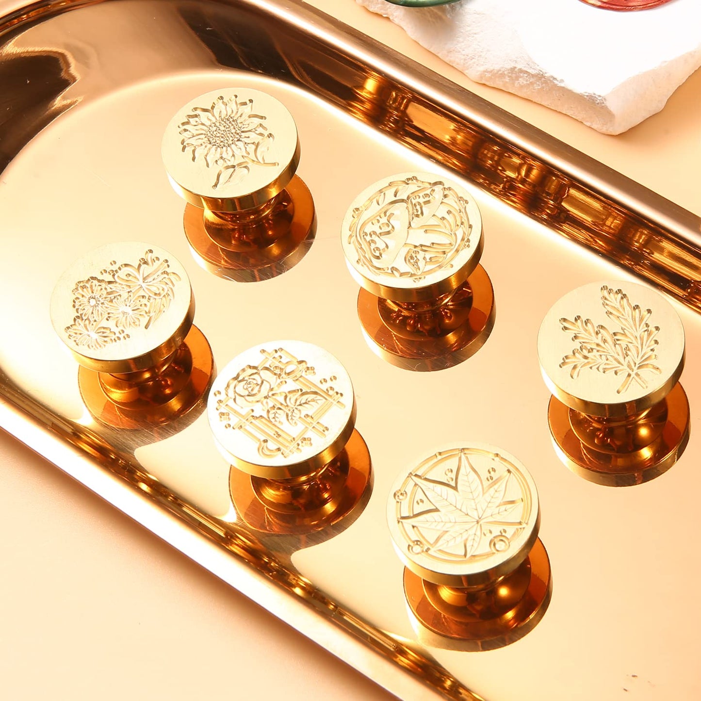 Comealltime 6pcs Wax Seal Stamp Set with Gift Box, Sealing Copper Stamps + 1 Wooden Handle, Sealing Stamp Kit (Rose,Wheat,Sunflower,Daisy,Mushroom,Maple) for Birthday Wedding Cards Envelopes (Plant)