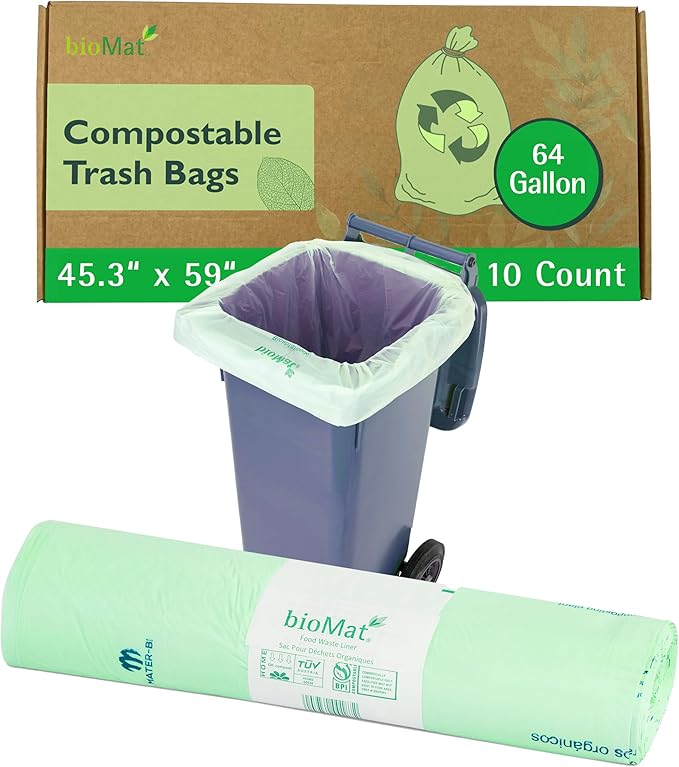 bioMat 64 Gallon Compostable Compost Liners, 10 Count, BPI ASTM D6400 Certified Large Compost Bags for Gargabe Bin