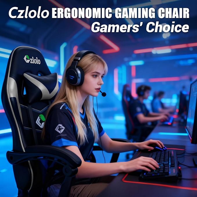 Gaming Chair with Footrest Racing Style Lumbar Support Massager Video Game Chair with Metal Legs, High Back Reclining Gamer Chair with Headrest, 360° Swivel Office Computer Desk Chair (Gray)