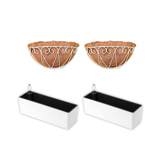 LaLaGreen Bundle- 2 Pack, 16 Inch Rectangular Self Watering Planter + 2 Pack, 16 Inch Hanging Metal Wire Basket with Coco Liner Modern Wall Flower Plant Herb Holder Porch Balcony Windowsill Box Indoor