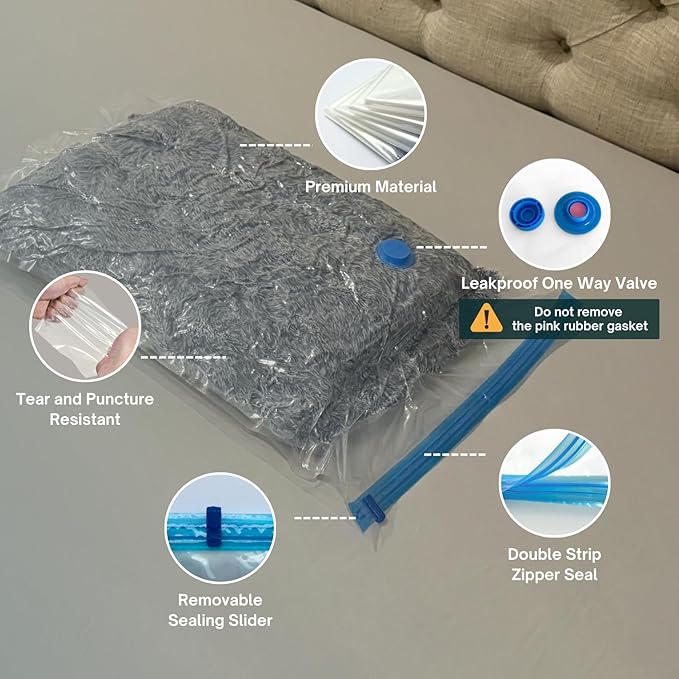 8 Mega Jumbo XXL Vacuum Storage Bags with Pump, Supersized Compression Space Saver for Comforter, duvet, Bedding, Blanket storage, Vacuum Seal Bags for Clothing, Durable Safe Poly Material