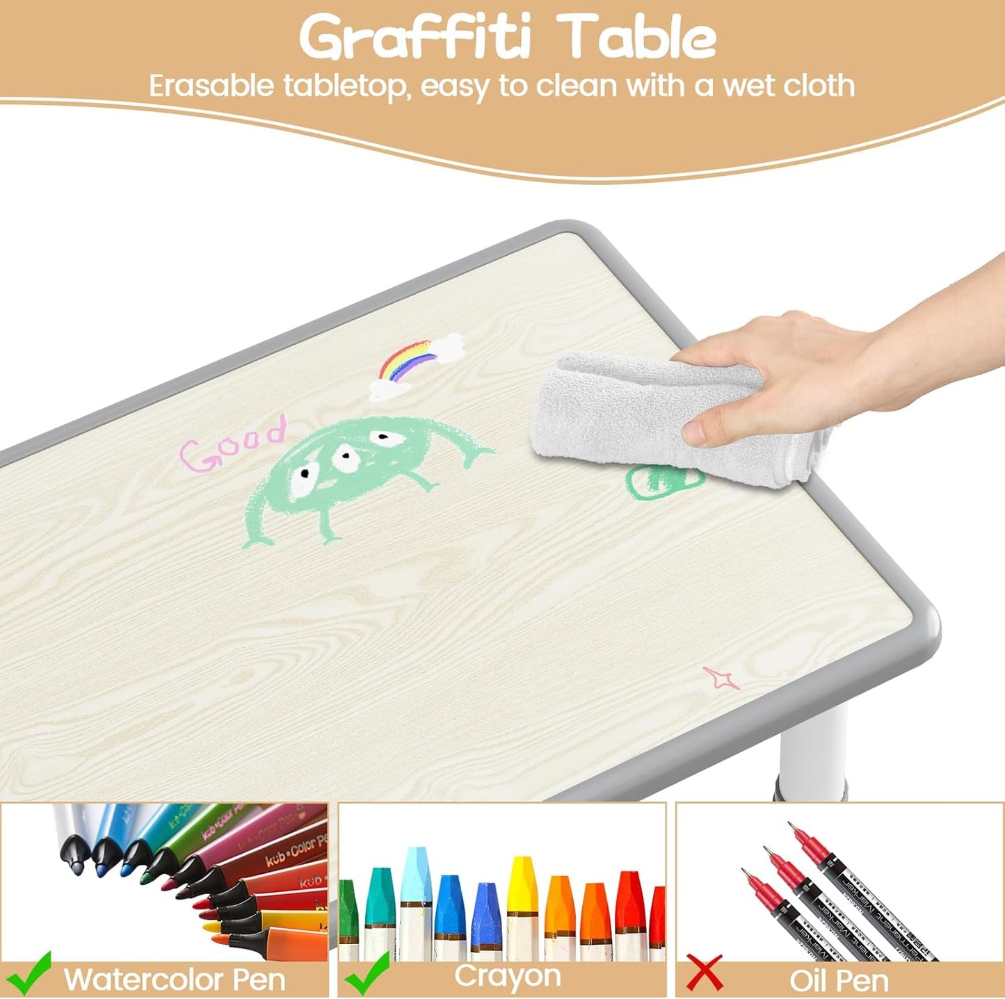 GarveeHome Kids Table and 4 Chairs Set, Height Adjustable Toddler Table and Chair Set for 4, Graffiti Desktop, Non-Slip Children Table for Home Daycare Preschool for Ages 2-8, Grey