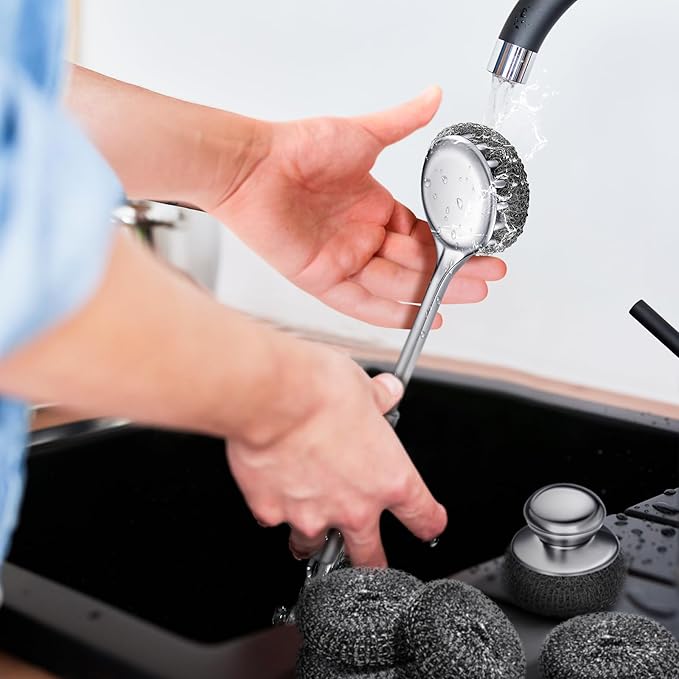 6 Pack Stainless Steel Scrubber with Handle, Silver Stainless Steel Pan Cleaner Deep Cleaning Scrubber for Dishes Tableware Home Kitchen Cast Iron, Stock Pots, Pans