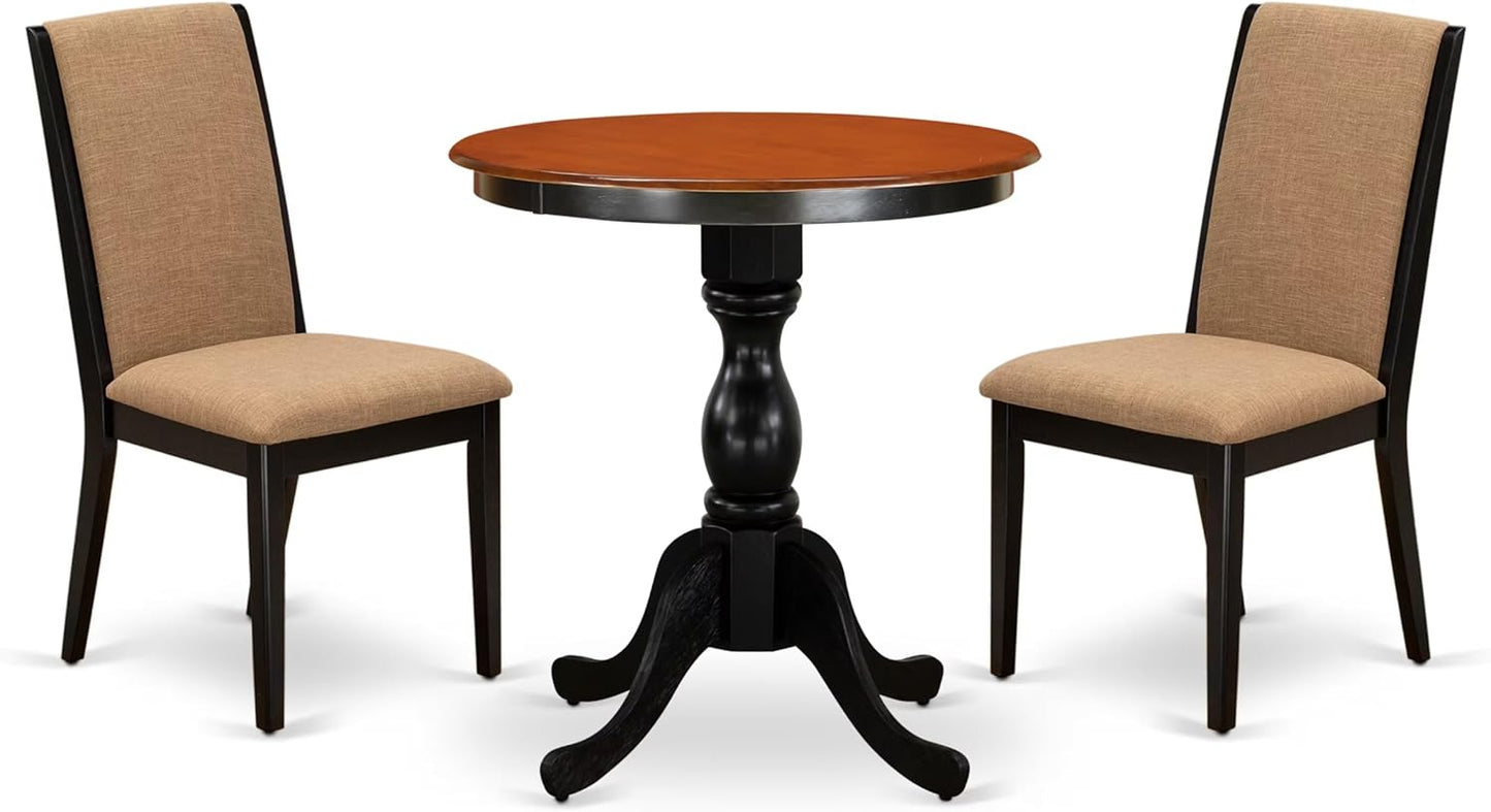 East West Furniture ESLA3-BCH-47 3 Piece Modern Dining Table Set Contains a Round Wooden Table with Pedestal and 2 Light Sable Linen Fabric Upholstered Chairs, 30x30 Inch, Black & Cherry