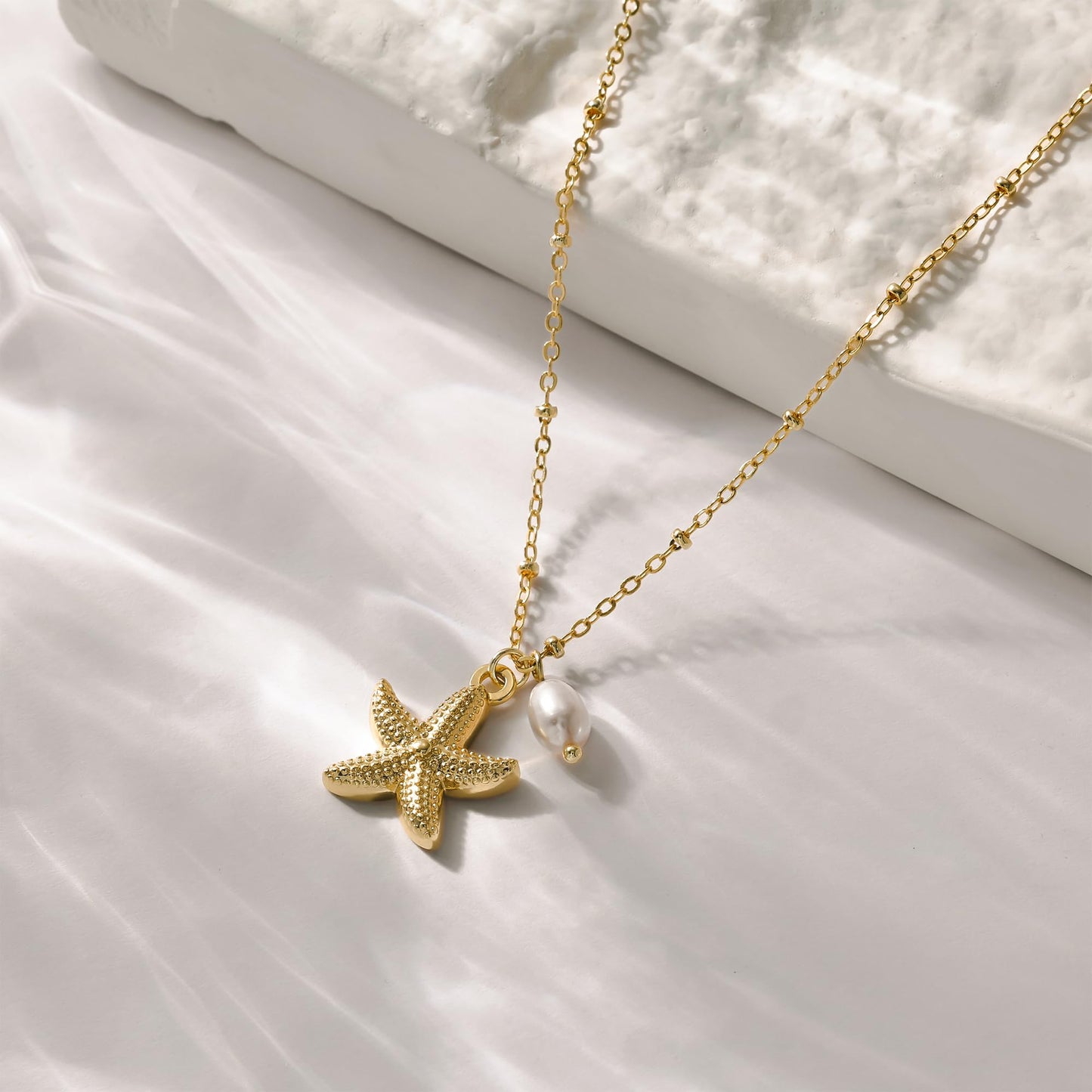 Picuzzy 14K Gold Plated Starfish Pendant Necklace for Women Trendy, Sea Star Fish Beach Necklace Ocean Coastal Tropical Nautical Vacation Summer Jewelry Pearl Accessories for Women