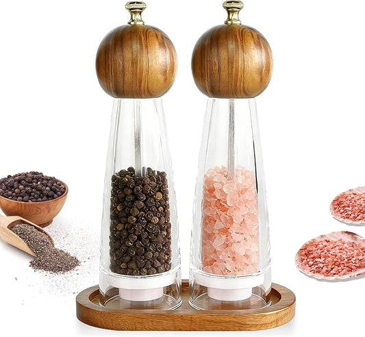 Acacia Wood & Acrylic Salt and Pepper Grinder Set with Base for Kitchen & Dining – 8-Inch Refillable Mills with Ceramic Core, Adjustable Coarseness,Gift for Cooking Enthusiasts