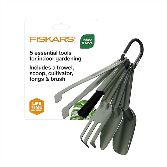 Fiskars 5-Piece Cultivating Tool Set for Indoor Plants – Stainless Steel Scoop, Trowel, Cultivator, Tongs & Brush, Space-Saving Nesting Design for Houseplants, Succulents & Cacti