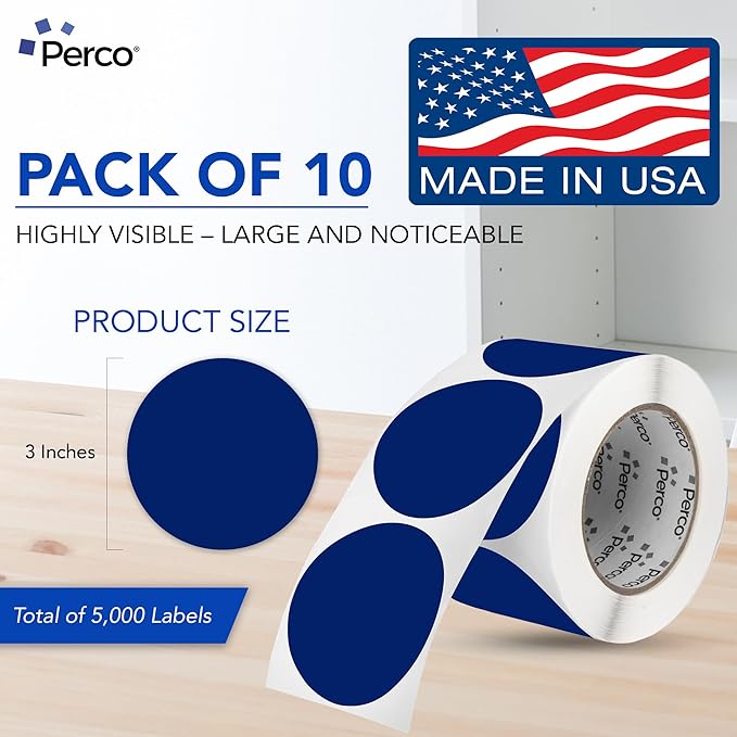 Perco Dark Blue 3-Inch Perforated Circle Dot Sticker Labels — 10 Rolls, 5,000 Round Stickers — with Permanent Adhesive for Moving Boxes, Sale Signage, Displays, Status Messaging—Made in USA