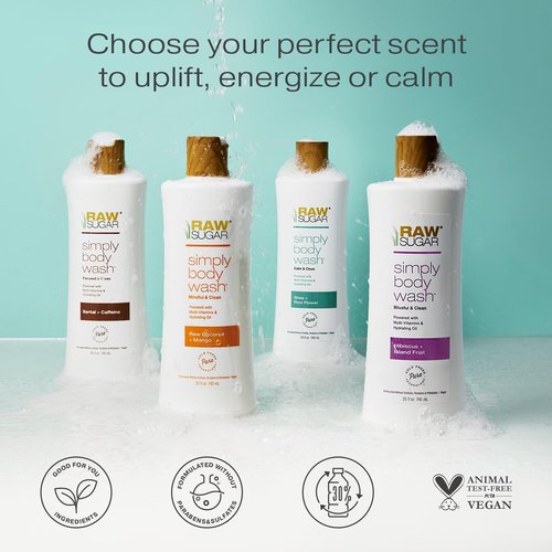 RAW SUGAR Simply Body Wash - Santal + Caffeine (25 Fl Oz, Pack of 1) Moisturizing & Soothing Bath & Shower Gel, Formulated without Sulfates & Parabens, Vegan