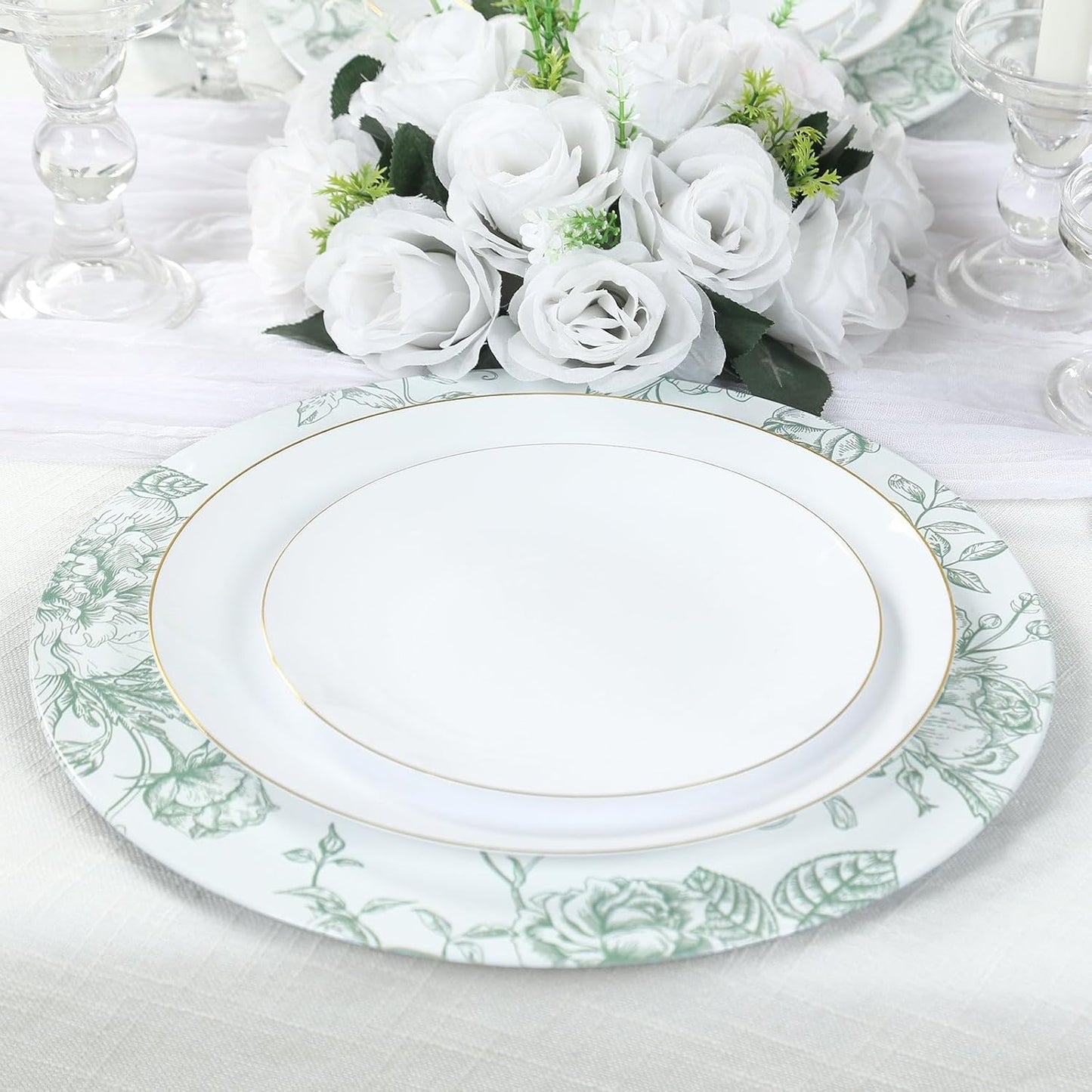 Efavormart 6 Pack Floral Acrylic Charger Plates in French Toile Pattern, White Sage Green Round Dinner Charger Event Tabletop Decor - 13"