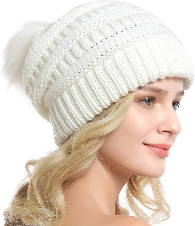 QUEENFUR Women Knit Slouchy Beanie Chunky Baggy Hat with Faux Fur Pompom Winter Soft Warm Ski Cap