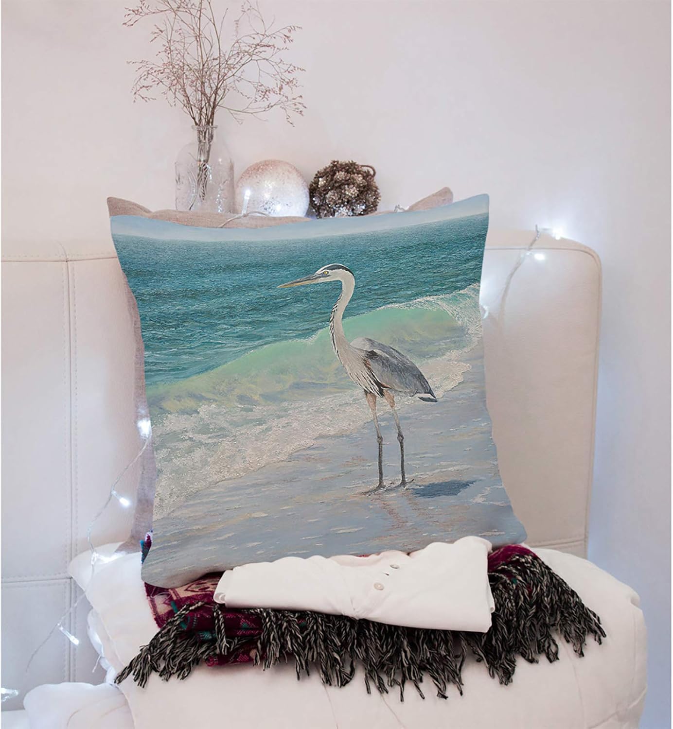 Throw Pillow Covers Blue Heron On The Beach Sea Wave Watercolor Painting Cotton Cotton Linen Decorative Square Pillowcases Cushion Cover 18 X 18 Inch