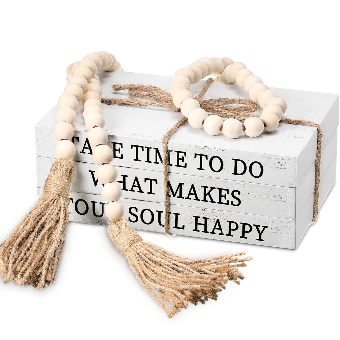 Jetec Decorative Display Books Hardcover, Faux Farmhouse Stacked for Coffee Tables Shelves with Wood Bead Tassels 58 Inch, 3 Pieces, White(Take Time to do, What Makes, Your Soul Happy)