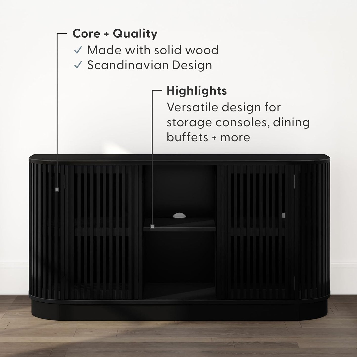 Plank+Beam Contour Wood TV Stand, Two Door Solid Wood Entertainment Console with Storage, 59" L x 16" W x 30" H, Black