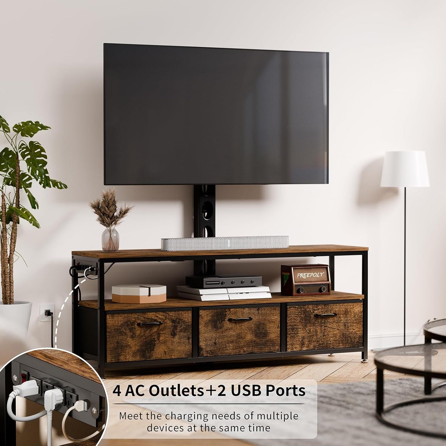 JUSTOGO TV Stand with Mount and Power Outlet, TV Stand with Drawers Storage for Living Room Bedroom, LED Entertainment Center for 45/55/60/65 inch, Height Adjustable Media Console, Rustic