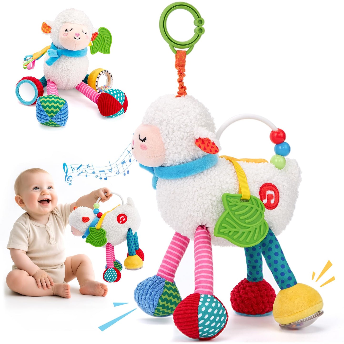 hahaland Baby Toys 0-6 Months - Baby Sensory Toys 0-3-6 Months Car Seat Toy Hanging - Musical Animals with Pull String Rattle Teether Crinkle Mirror, Crib Stroller Toy Tummy Time Easter Gifts for Baby
