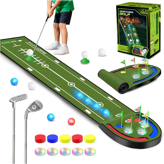 Upgraded Golf Putting Mat for Kids, 7.8 Ft Putting Green with LED Light up Holes, Glowing Balls, 2 Clubs, Toy Golf Game Set, Golfing Mats Indoor Outdoor, Sport Golf Gift for Kids Teens Family