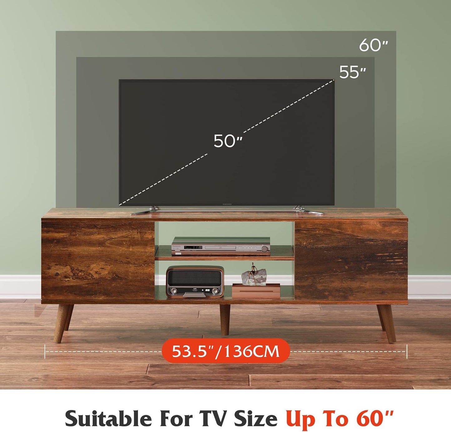 WLIVE TV Stand for 55 60 inch TV, Mid Century Modern TV Console, Entertainment Center with Storage for Living Room, Retro Brown