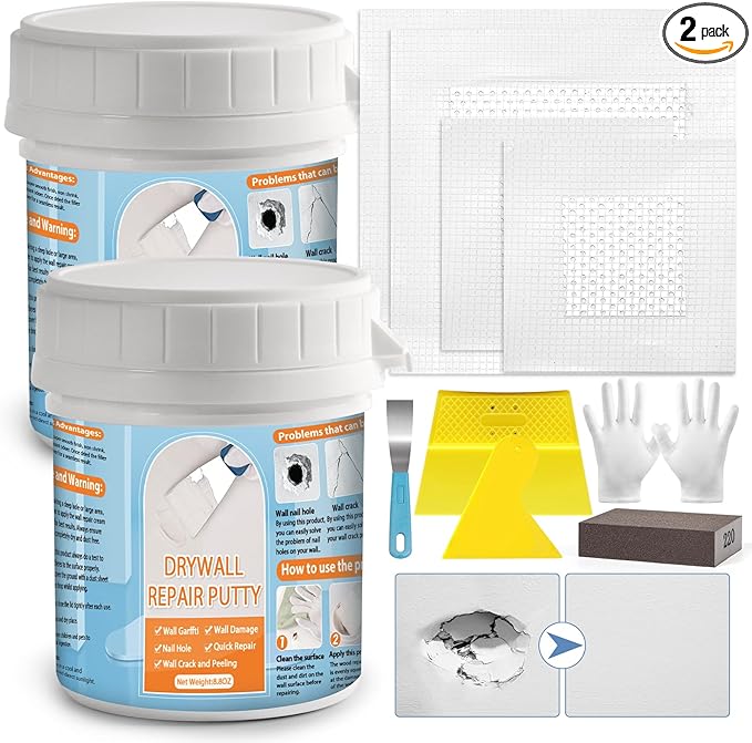 Dry Wall Patch Kits, Aluminum Spackle Wall Repair Patch Kit Fiber Mesh Plate with Scraper, 8.8oz X 2 White Repair Putty Drywall Hole Filler to Fix Wall Surface Holes, Quick Repair Creak Damage