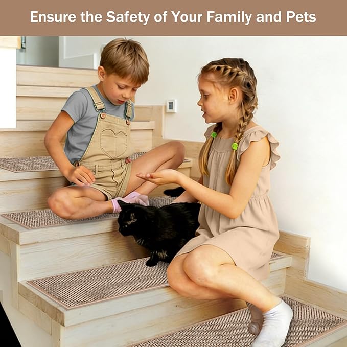 Stair Treads Non Slip, 15 Pack 8" X 30" Beige Stair Runners for Wooden Steps Non Slip with Reusable TPE Adhesive Backing, Carpet Stair Treads for Kids Elders and Pets, Machine Washable, Anti-Fall