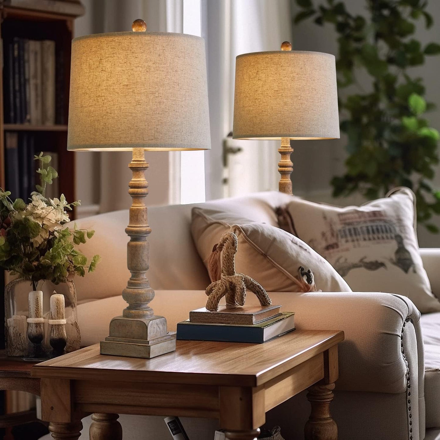 Oneach 27.75" Vintage Farmhouse USB Table Lamps Set of 2 for Living Room Bedroom Traditional Bedside Nightstand Lamp with Dual USB Port Resin Table Lamp with Rotary Switch for Living Room Bedroom