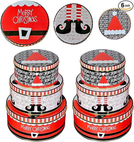 Pack of 6 Round Christmas Cookie Tins with Lids for Gift Giving, Metal Holiday Storage Container, Merry Christmas HAT ELF Design, Perfect Christmas Tins for Gifting