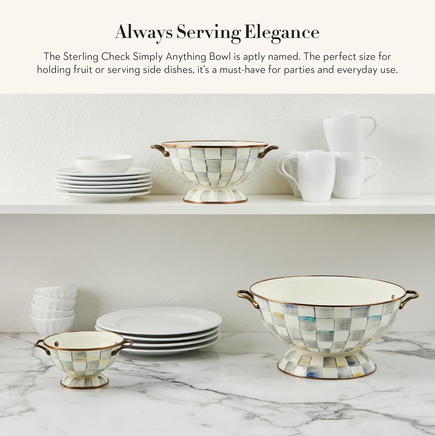 MACKENZIE-CHILDS Enamel Bowl, Serving Bowl for Entertaining, Simply Anything Bowl, Gray-and-White Sterling Check